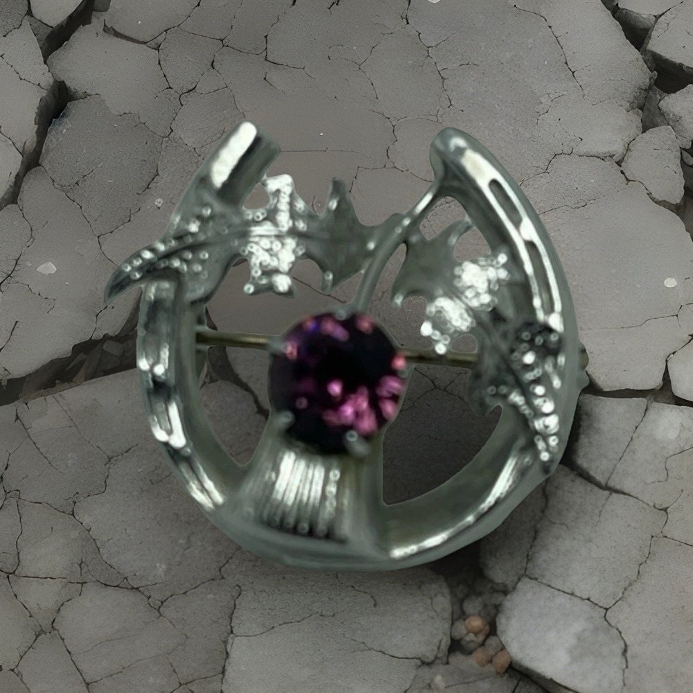 Mizpah Silver Tone Purple Rhinestone Scottish Thistle Horseshoe Leaf‎ Pin Signed